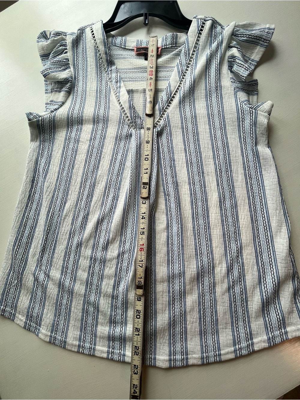 50th Street Sleeveless V-Neck Striped Flutter Top - Blue/White Size: Petite Sml - Picture 5 of 9